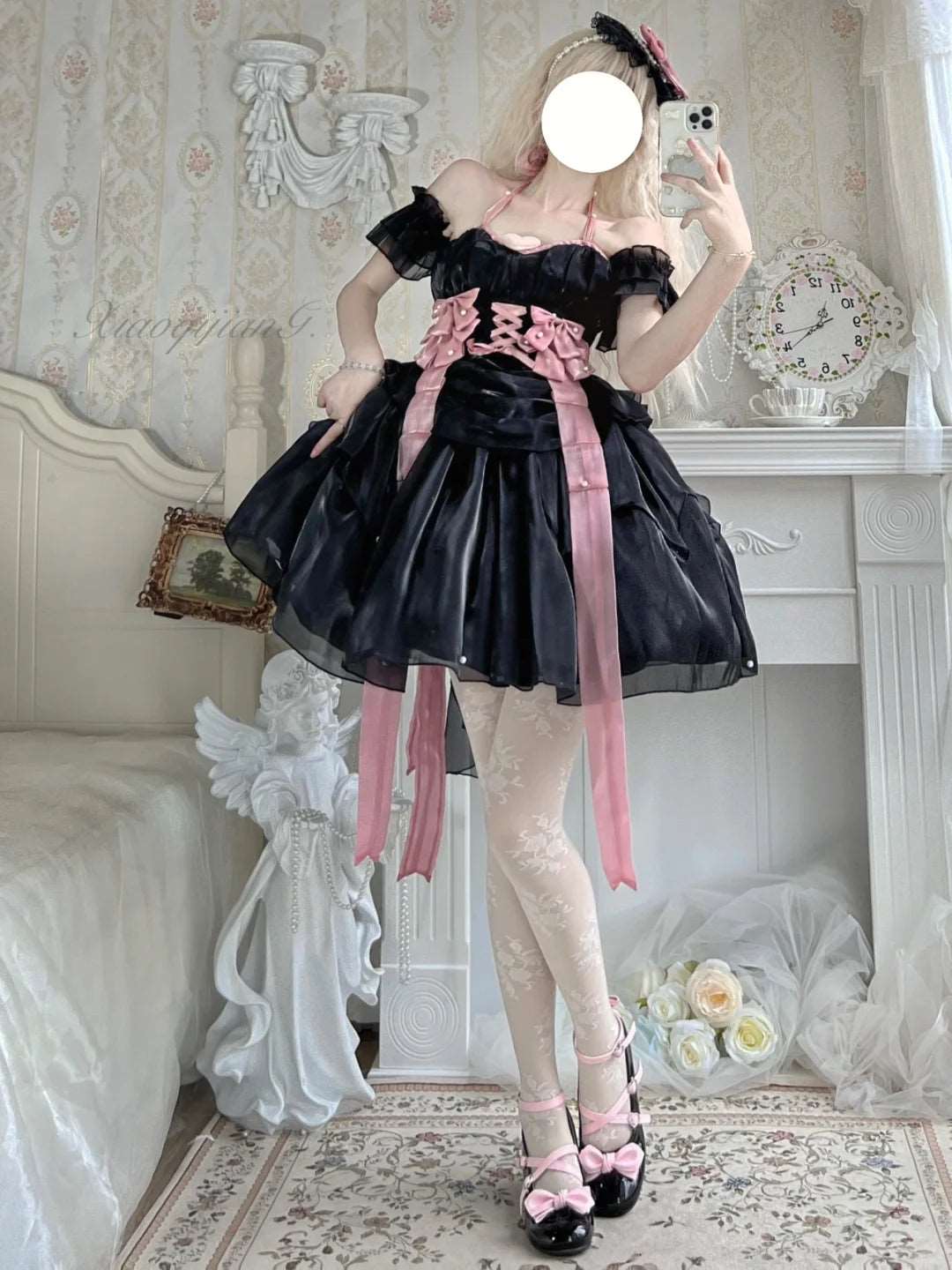 Cookie Lolita Floating Star Black Pink Bow Prom Dress