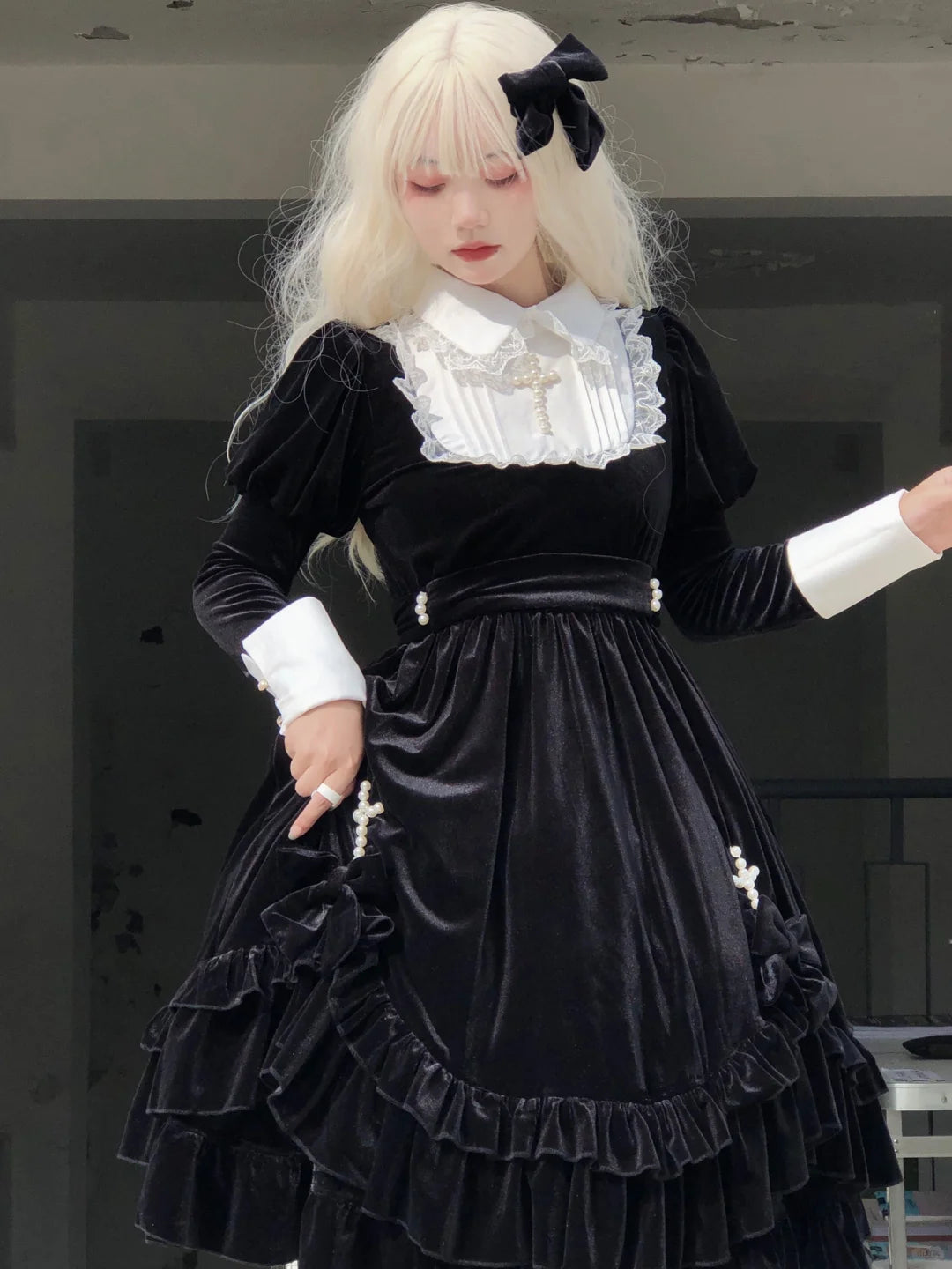 Cross Hymn Black Gothic Lolita Long Sleeve Velvet Dress L Cross Hymn Black Gothic Lolita Long Sleeve Velvet Dress L