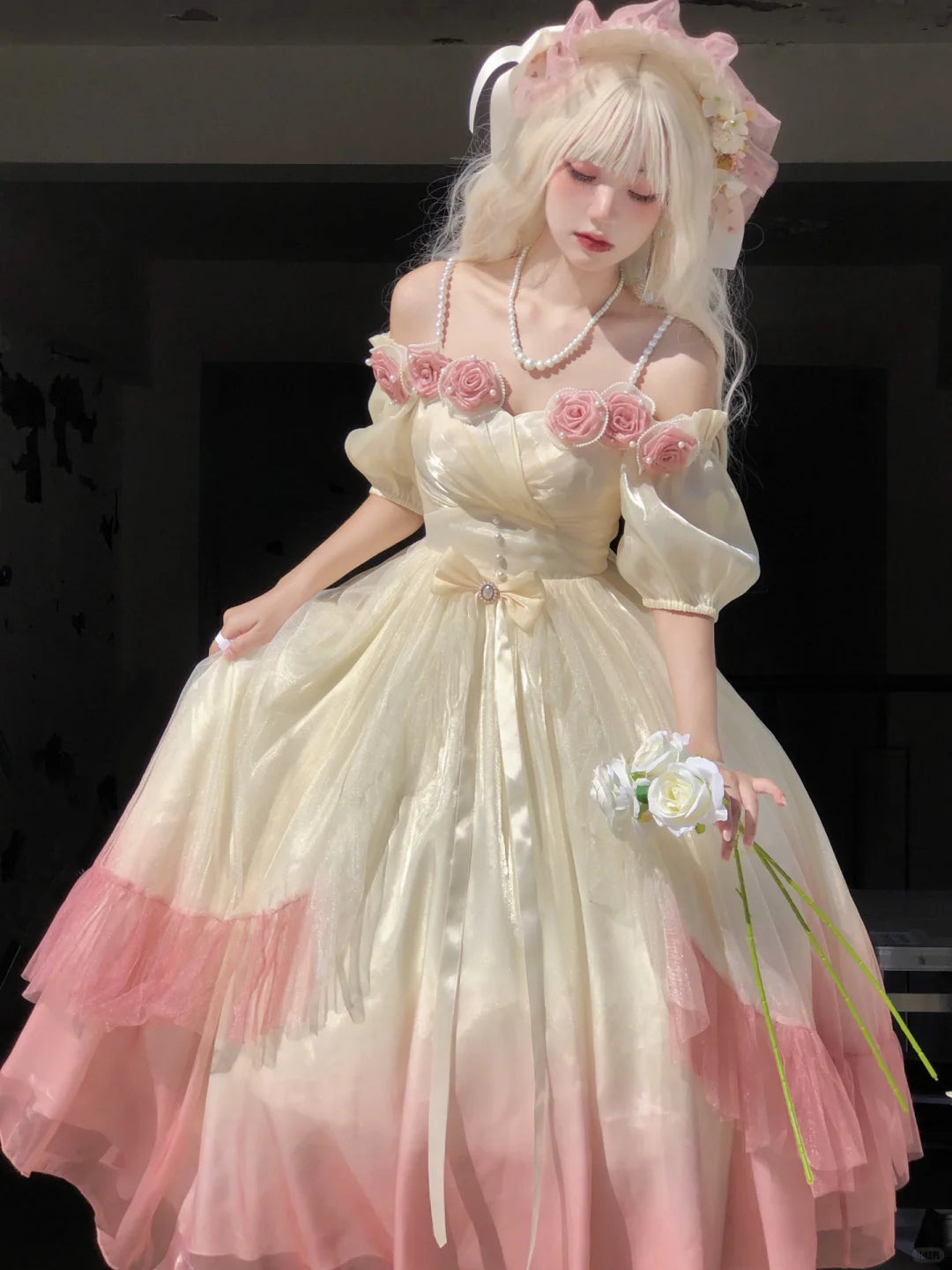 Meow Fruit Miss Dale Fairytale Gradient Rose Flower Dress Pink / Dress Only (Long ver) / L Meow Fruit Miss Dale Fairytale Gradient Rose Flower Dress Pink / Dress Only (Long ver) / L