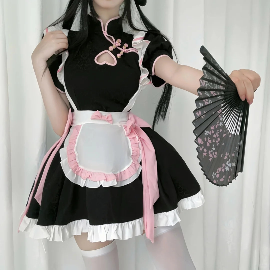 Serendipity Peach Chinese Hanfu Black Pink Cosplay Maid Dress - Sugarplum Store