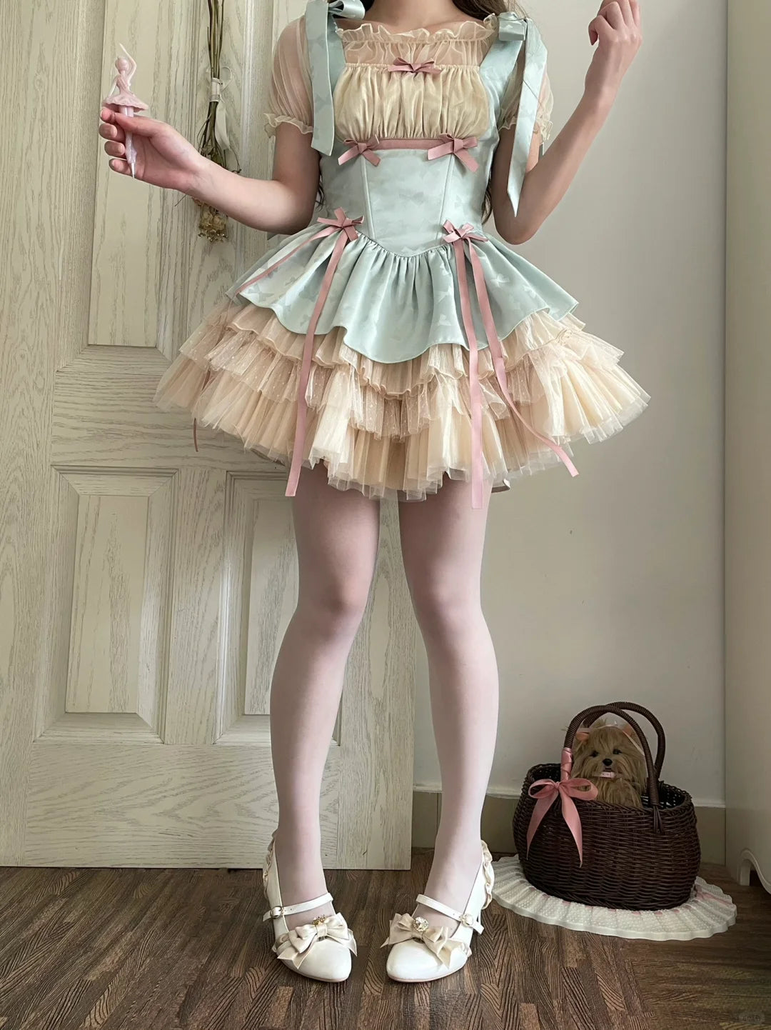 Lilith Eye Lolita Cream Green Ruffle Princess Strap Dress - Sugarplum Store