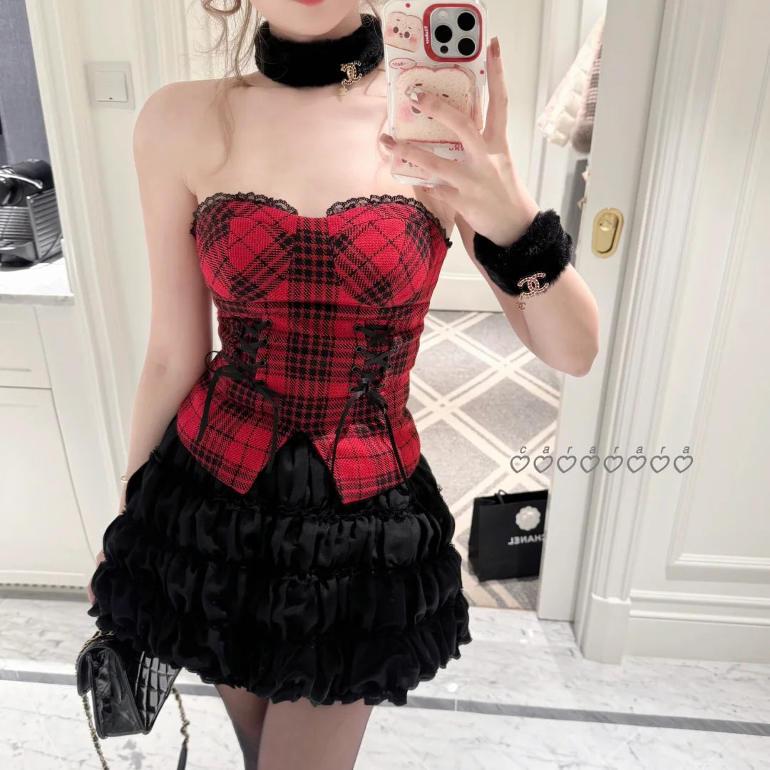 Creamy Cute Chic Holiday Plaid Red Tube Top & Black Tutu Skirt & Jacket Three Piece Set - Sugarplum Store