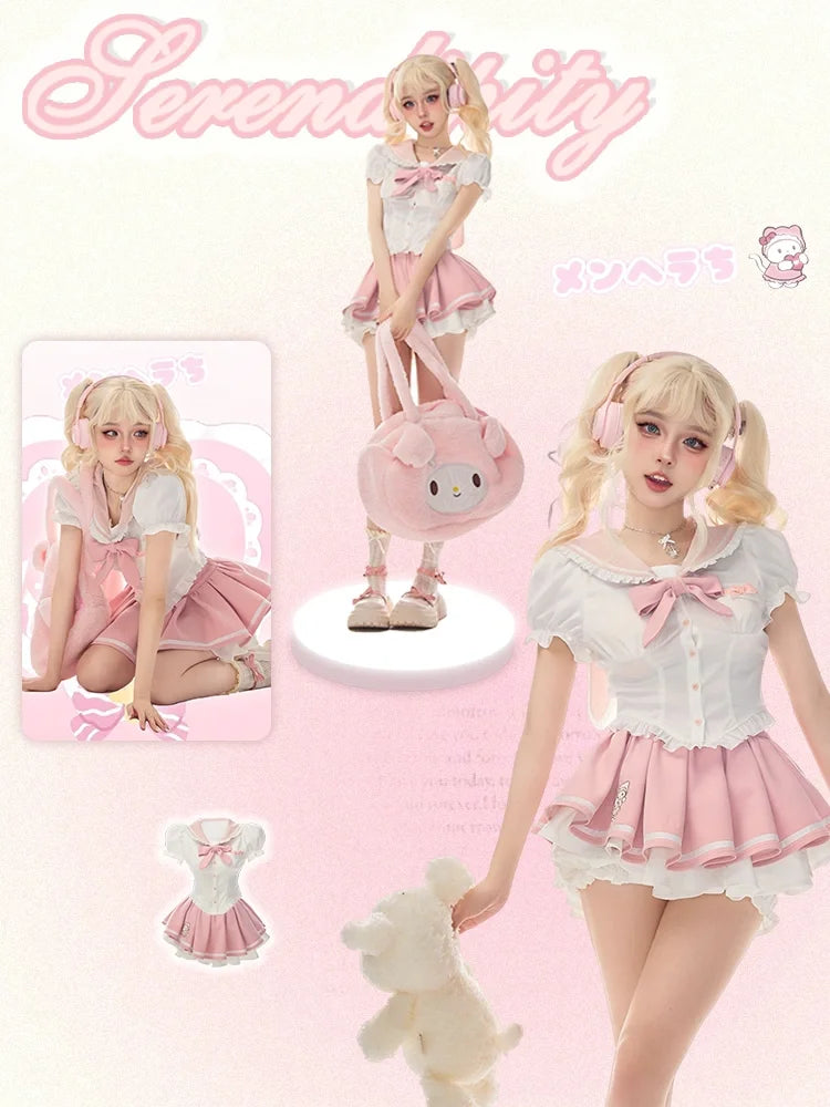 Serendipity Melo Bunny Pink Bow Sailor Collar Seifuku Shirt & Pleated Skirt Two Piece Set - Sugarplum Store