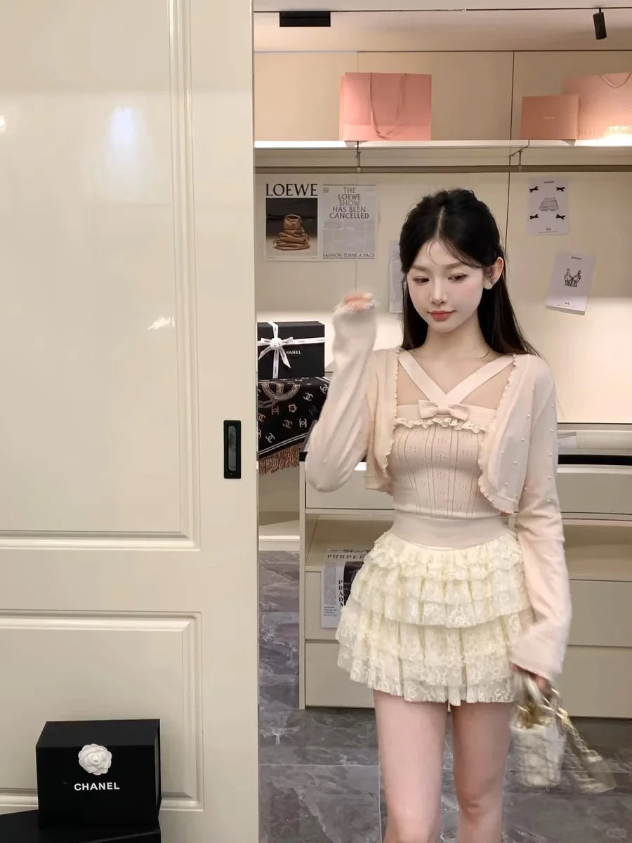 Creamy Cute Beads Pink Cami & Cardigan & Skirt Three Piece Set - Sugarplum Store