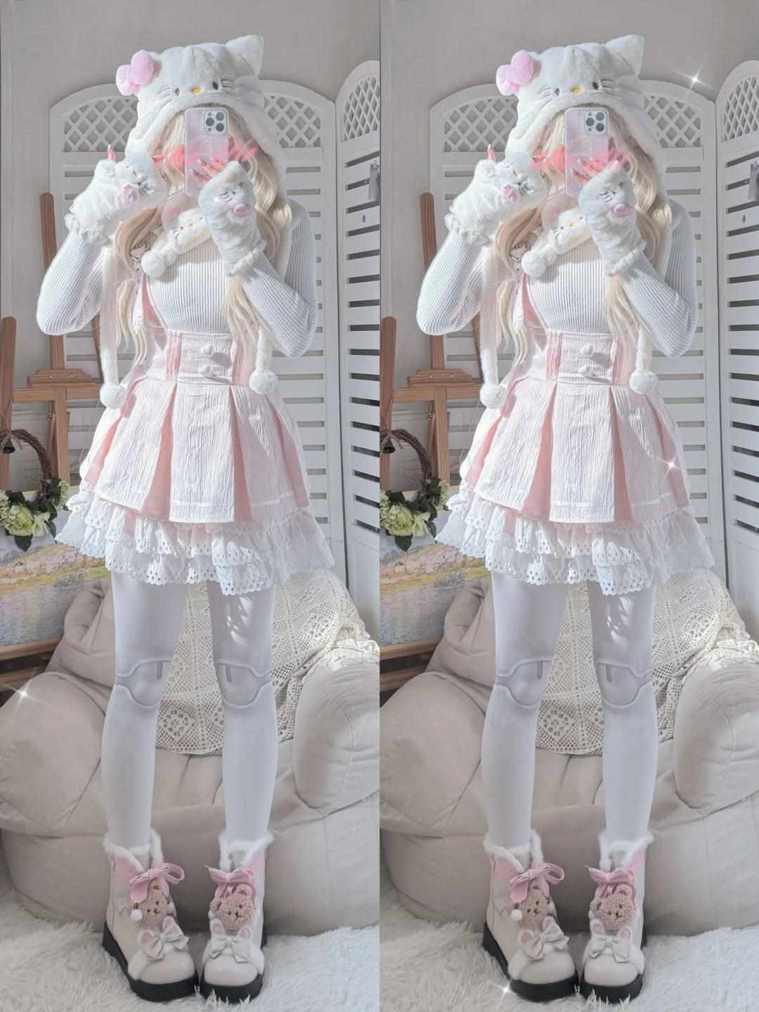 Pink Bow Kitty Plush White Winter Hat Scarf Gloves Set - Sugarplum Store