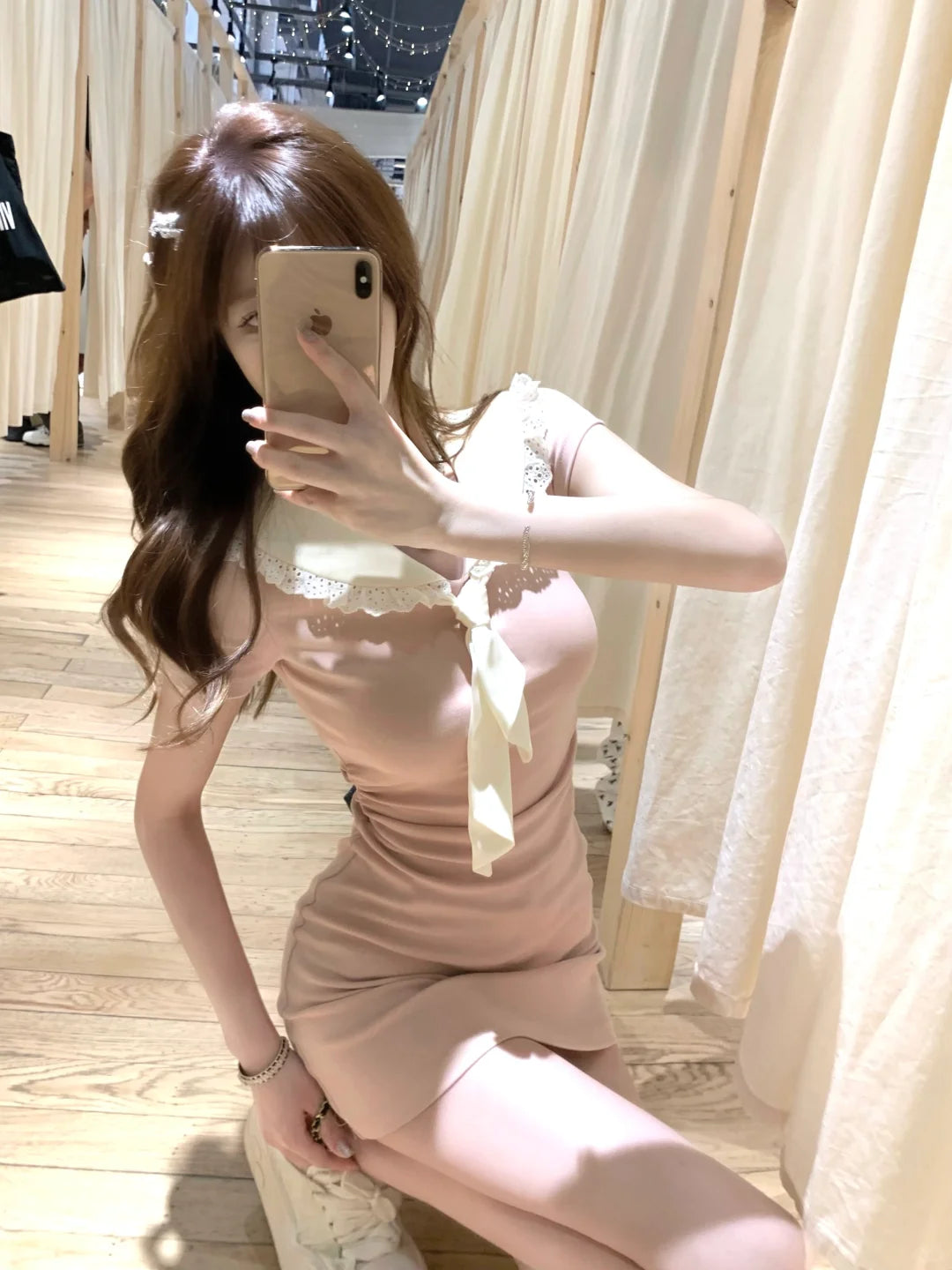 Lazy Girl Heartbeat Code Sailor Collar Pink Cream Bodycon Dress - Sugarplum Store
