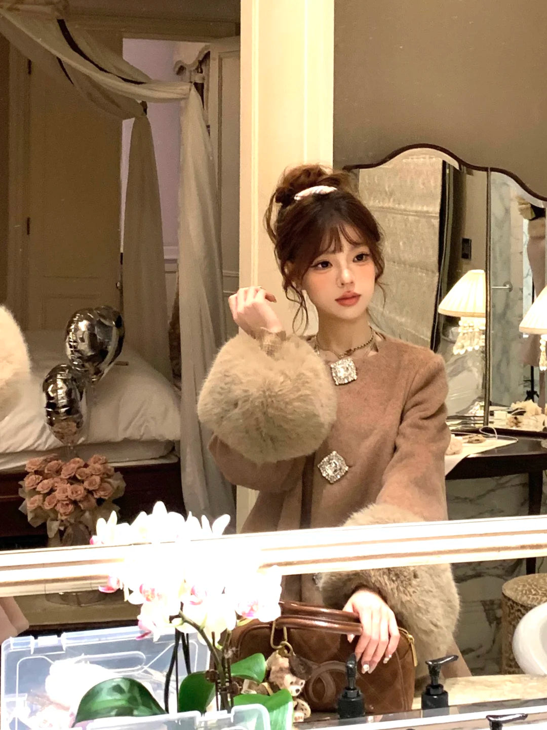 Lazy Girl Thousand Gold Brown Pink Fur Collar Coat - Sugarplum Store