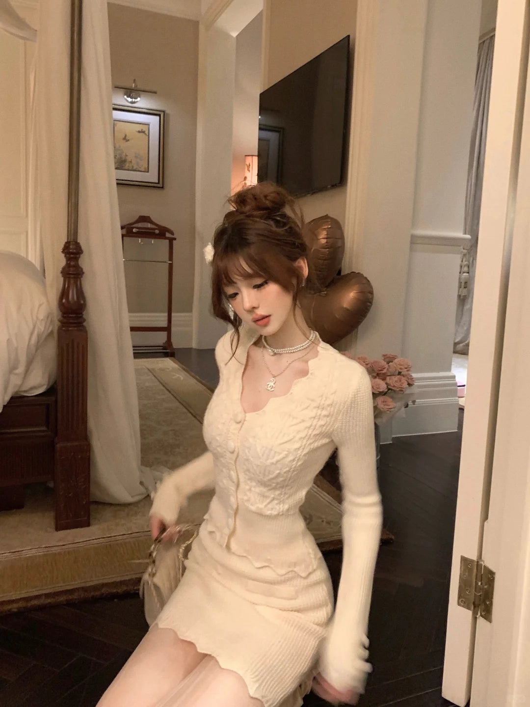 Lazy Girl Cheese Mousse Brown Cream Sweater & Skirt Fur Collar Two Piece Set - Sugarplum Store