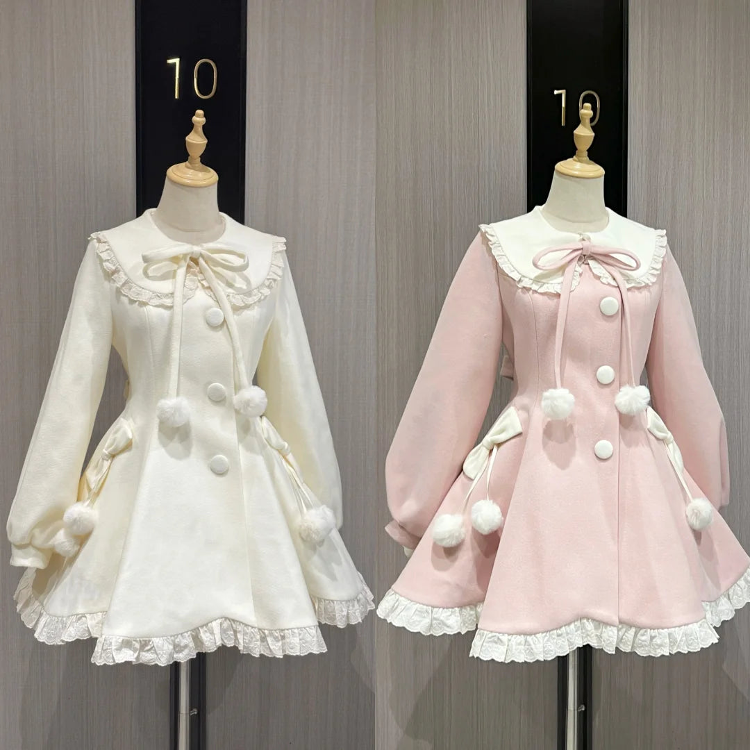 Platycodon Winter Sonata Pink White Wool Coat Scarf Two Piece Set - Sugarplum Store