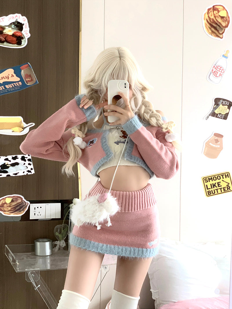 Serendipity Teddy Bear Camisole & Knit Pink Cardigan & Mini Skirt Three Piece Set - Sugarplum Store