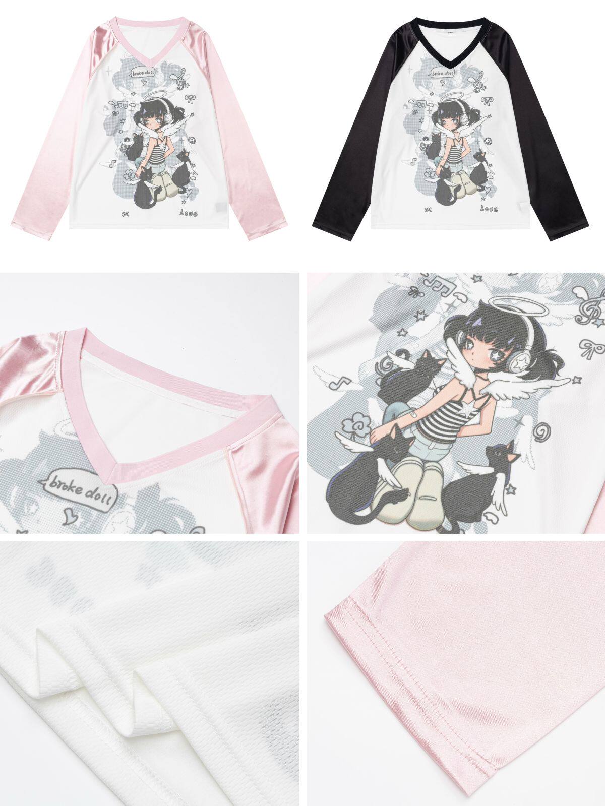 Crazy Girl Angel Anime Girl Print Black Pink Shirt Top