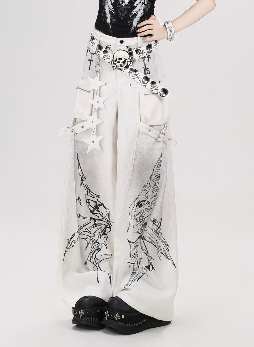 Crazy Girl Gothic Angels Eyes Black White Baggy Jeans