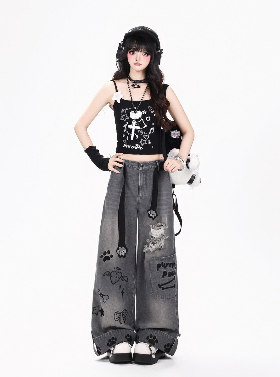 Crazy Girl Purring Paws Plaid Red Blue Black Jeans