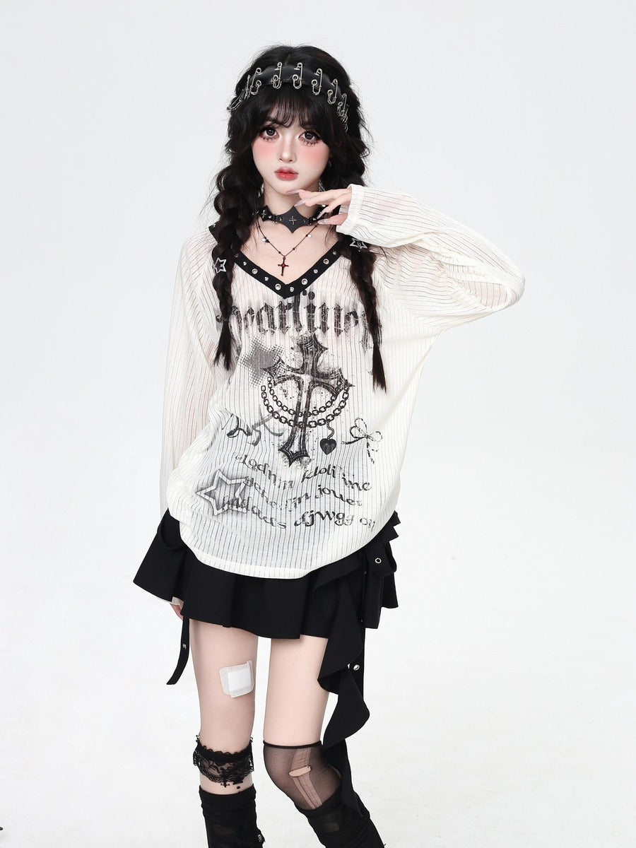Crazy Girl Shibuya Cross Black Cream Shirt Top
