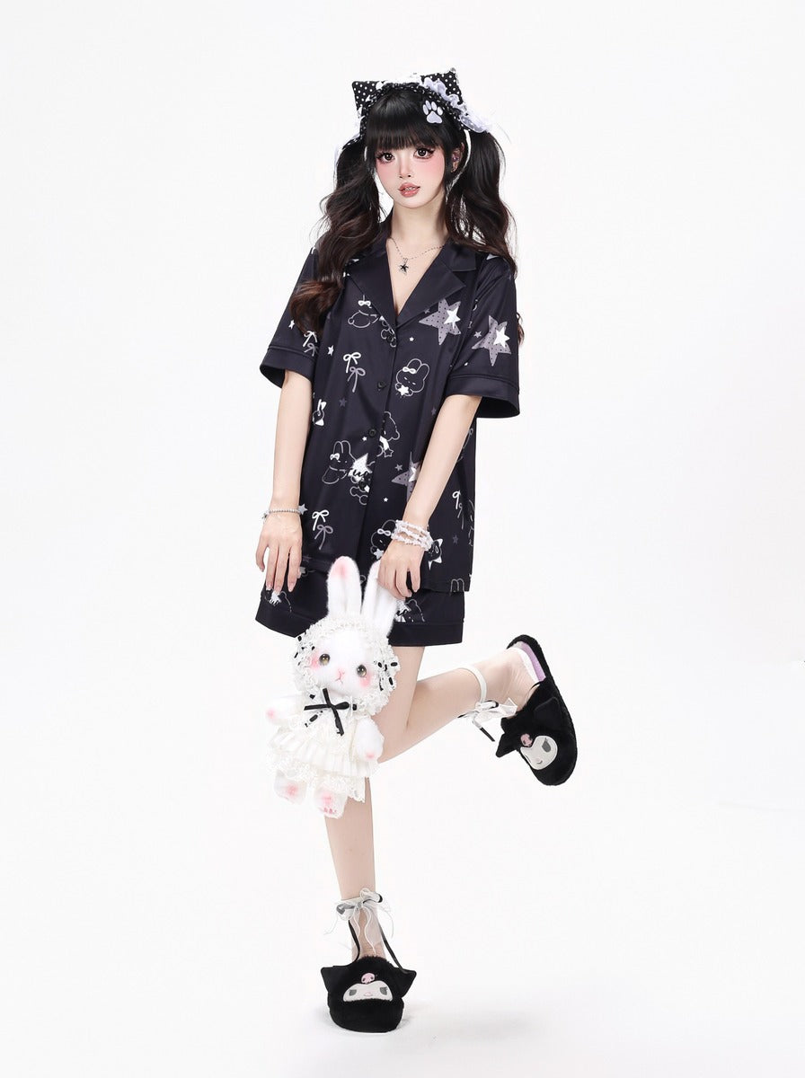 Crazy Girl Sleepy Rabbit Short Ver Black White Pajamas Top Shorts