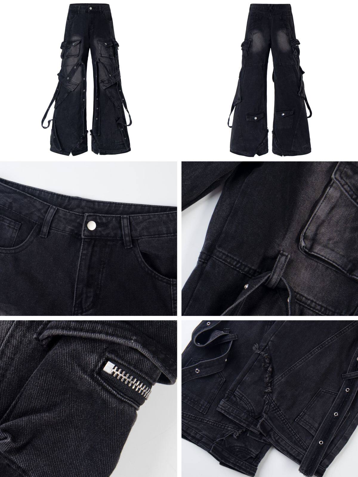 Crazy Girl Streetwear Multi Pockets Black Jeans