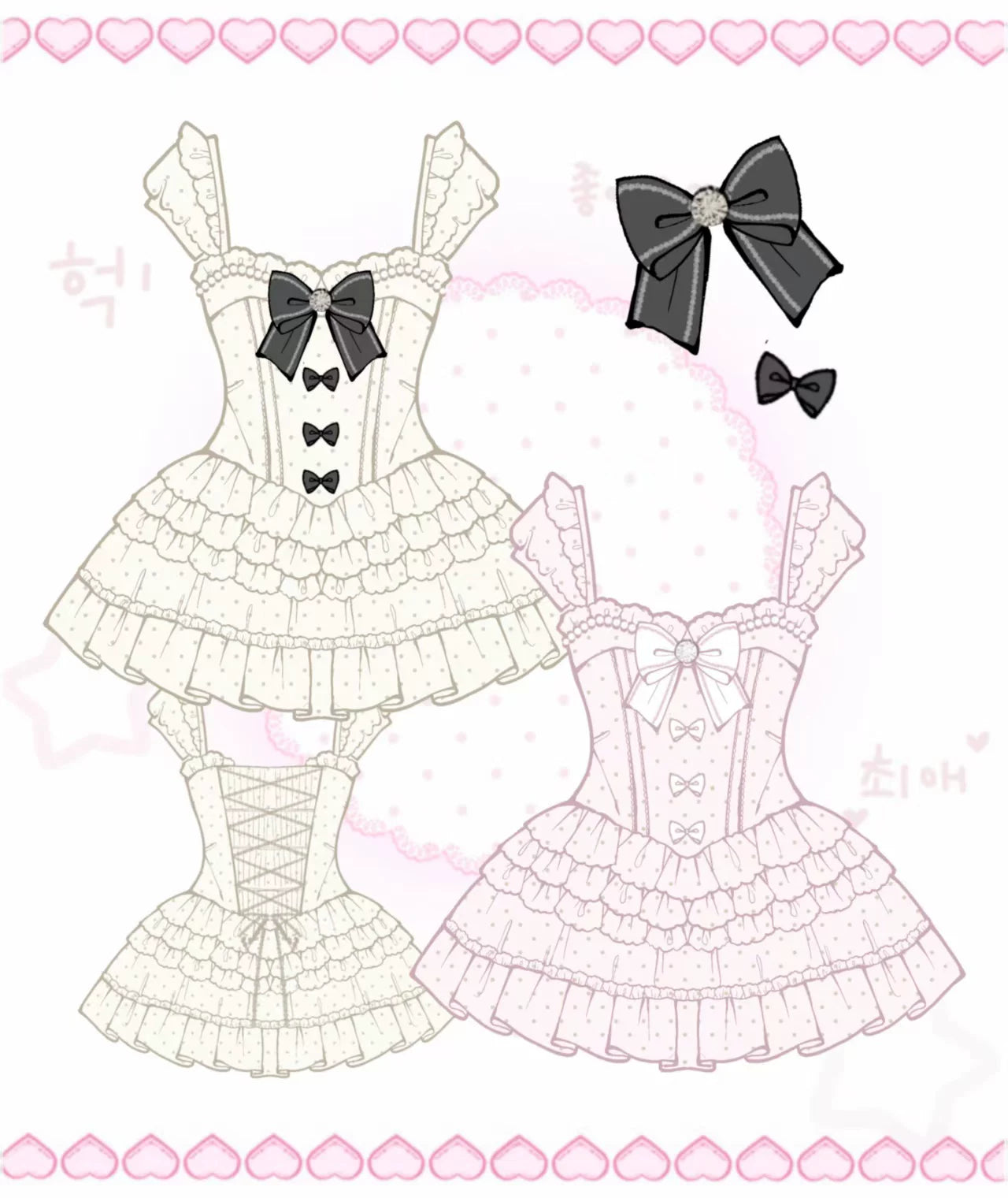 Two lace outfits with black bows on a pink heart patterned background