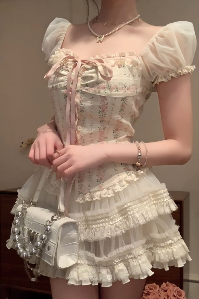 Creamy Cute Pastoral Princess Floral Top & Cream Skirt Two Piece Set - Sugarplum Store