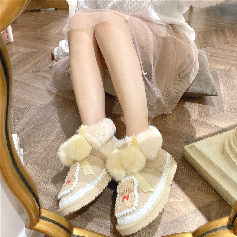 Pinky Lace Coquette Bear Plush Winter Snow Cream Short Boots Shoes - Sugarplum Store