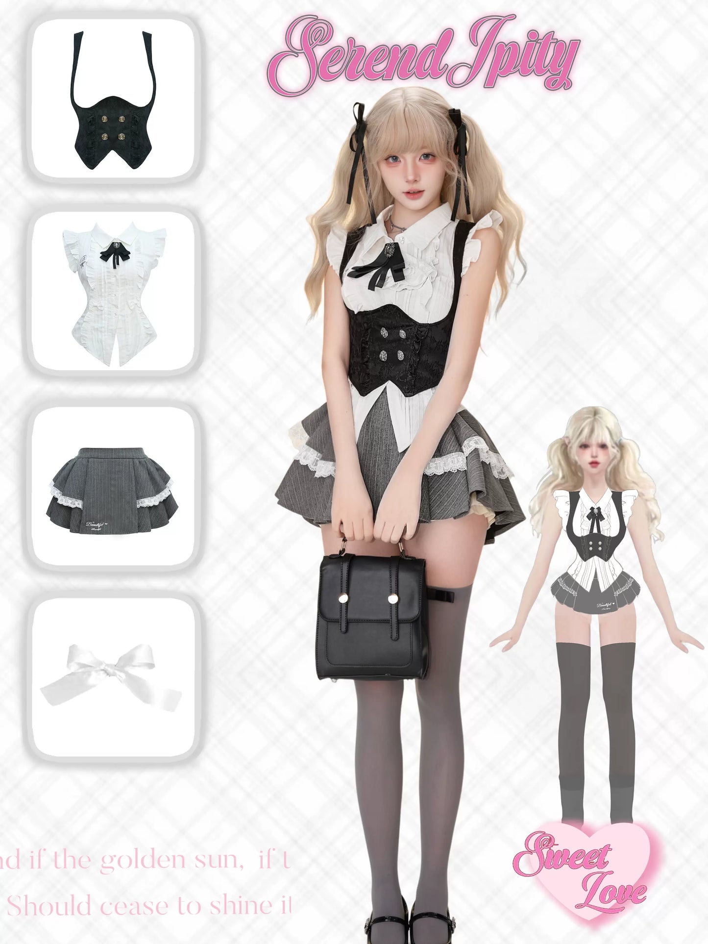 Serendipity Faculty Miss Lisa White Blouse & Black Vest & Gray Skirt Three Piece Set - Sugarplum Store