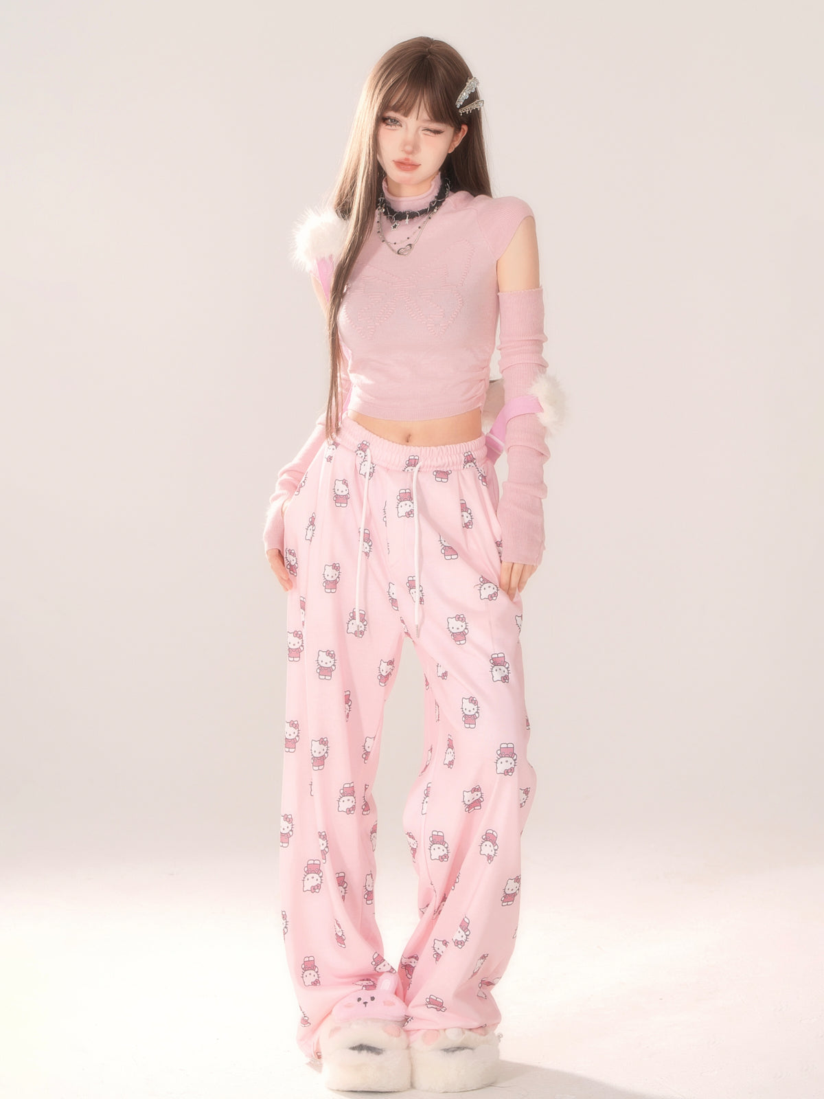 Young Eyes Y2K Kitty Cat Pink & White Elastic Gathered Waist Pants - Sugarplum Store
