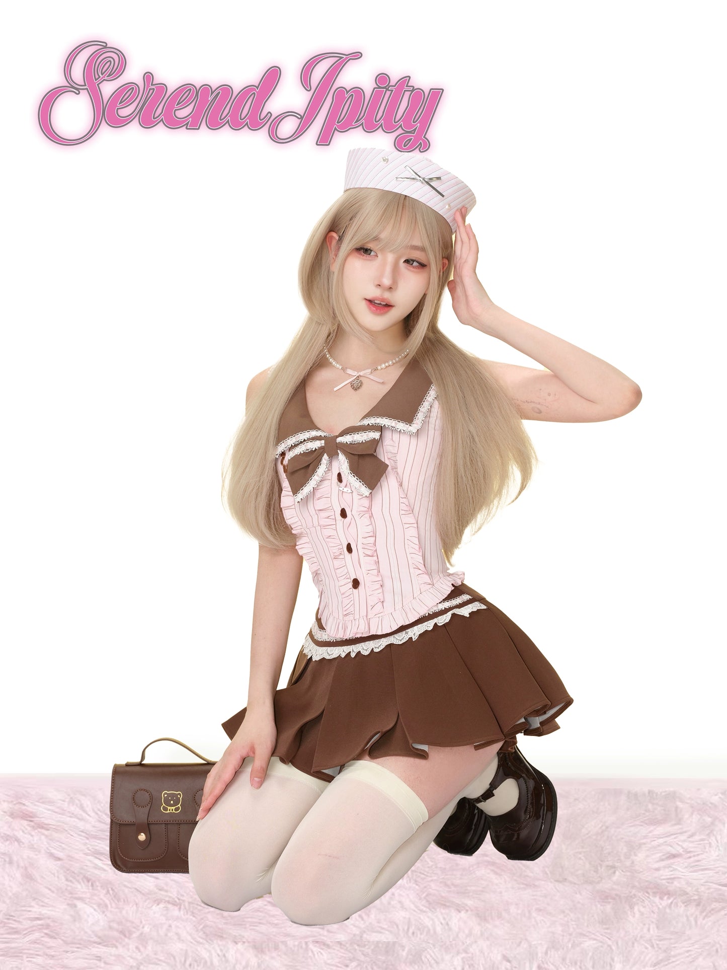 Serendipity College Department Chocolate Strawberry Pink Top & Brown Skirt Two Piece Set - Sugarplum Store
