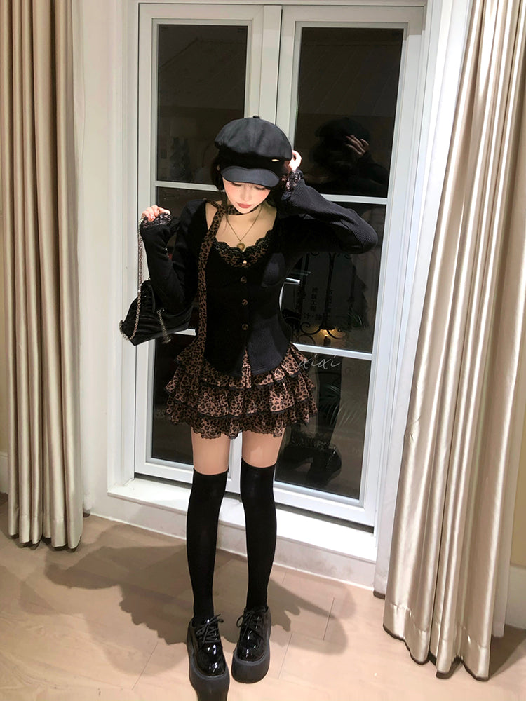 Creamy Cute Leopard Cat Black Top & Brown Skirt Two Piece Set - Sugarplum Store