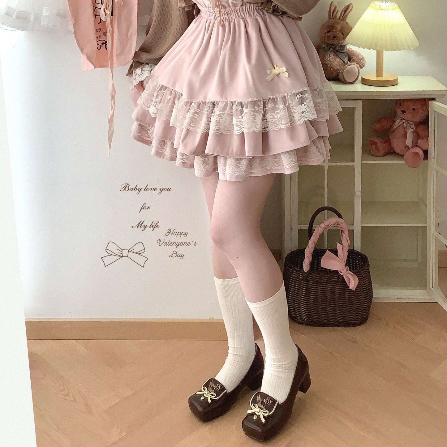 Dormir Doll EGL Velvet Ruffled Lace Pink Beige Brown Elastic Skirt