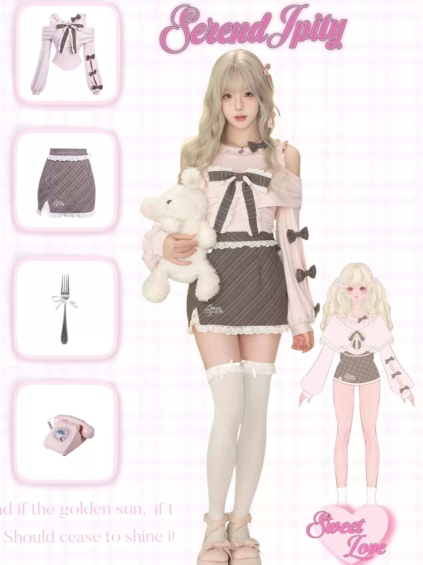 Serendipity Chocolate Dance Pink Sweater Top & Plaid Skirt Two Piece Set