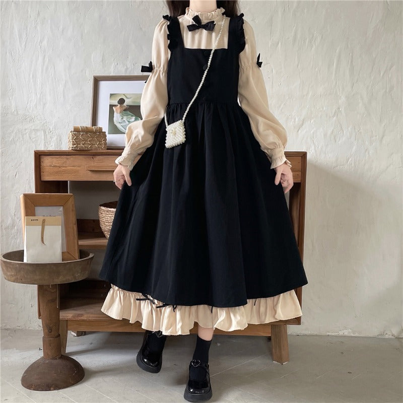Autumn Mori Girl Bow Black Cream Dress Suspender Skirt Two Piece Set - Sugarplum Store