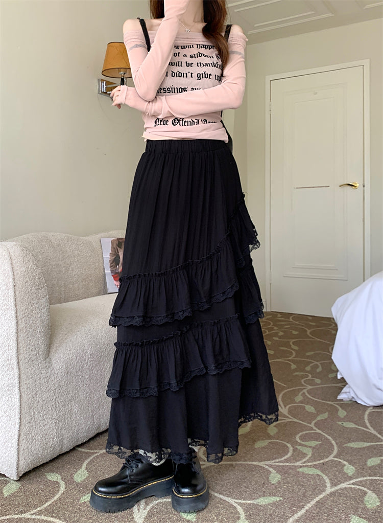 Retro Vintage Lace Crochet Slit Layered Cake White Black Long Skirt - Sugarplum Store