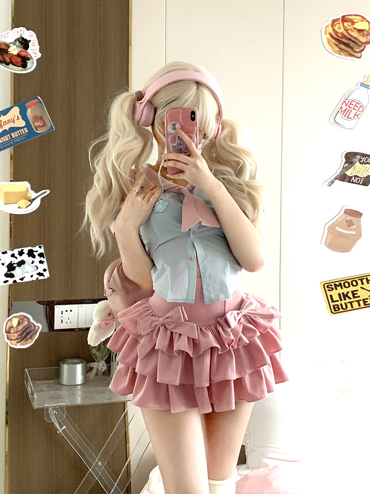 Serendipity Coquette Sweet Sailor Collar Blue Puff Sleeve Shirt & Pink Ruffled Mini Skirt Two Piece Set - Sugarplum Store