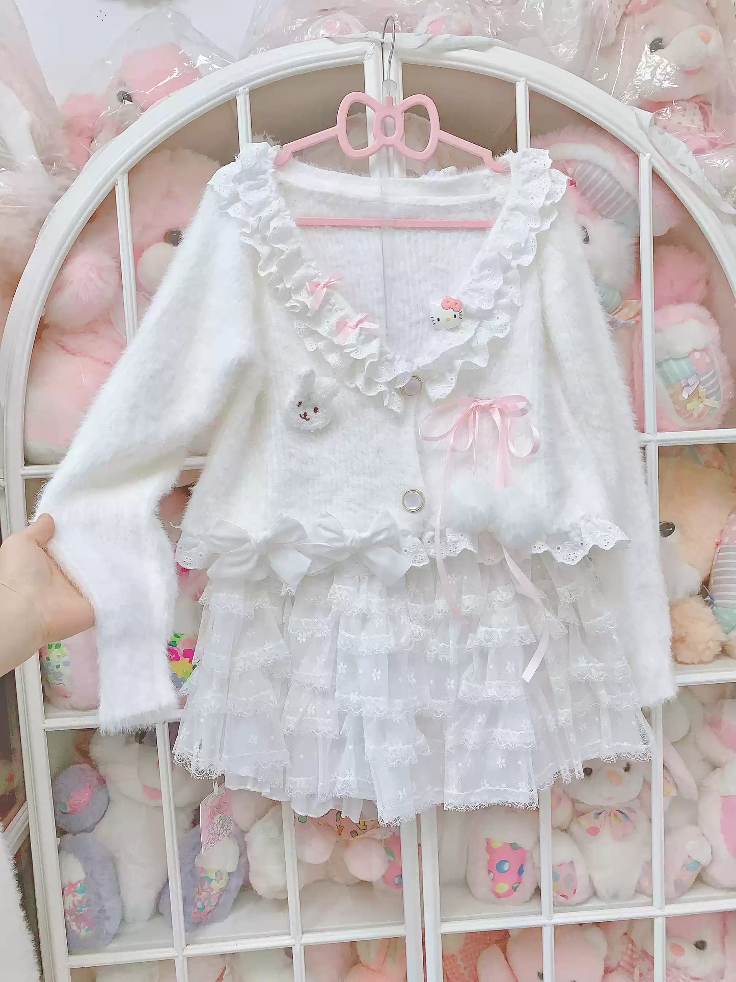 Candy Fairy Milky Kitty Knit White Cardigan & Skirt Two Piece Set - Sugarplum Store
