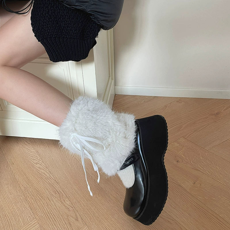 Fur Pompom Balls Cute White Fuzzy Leg Warmers - Sugarplum Store