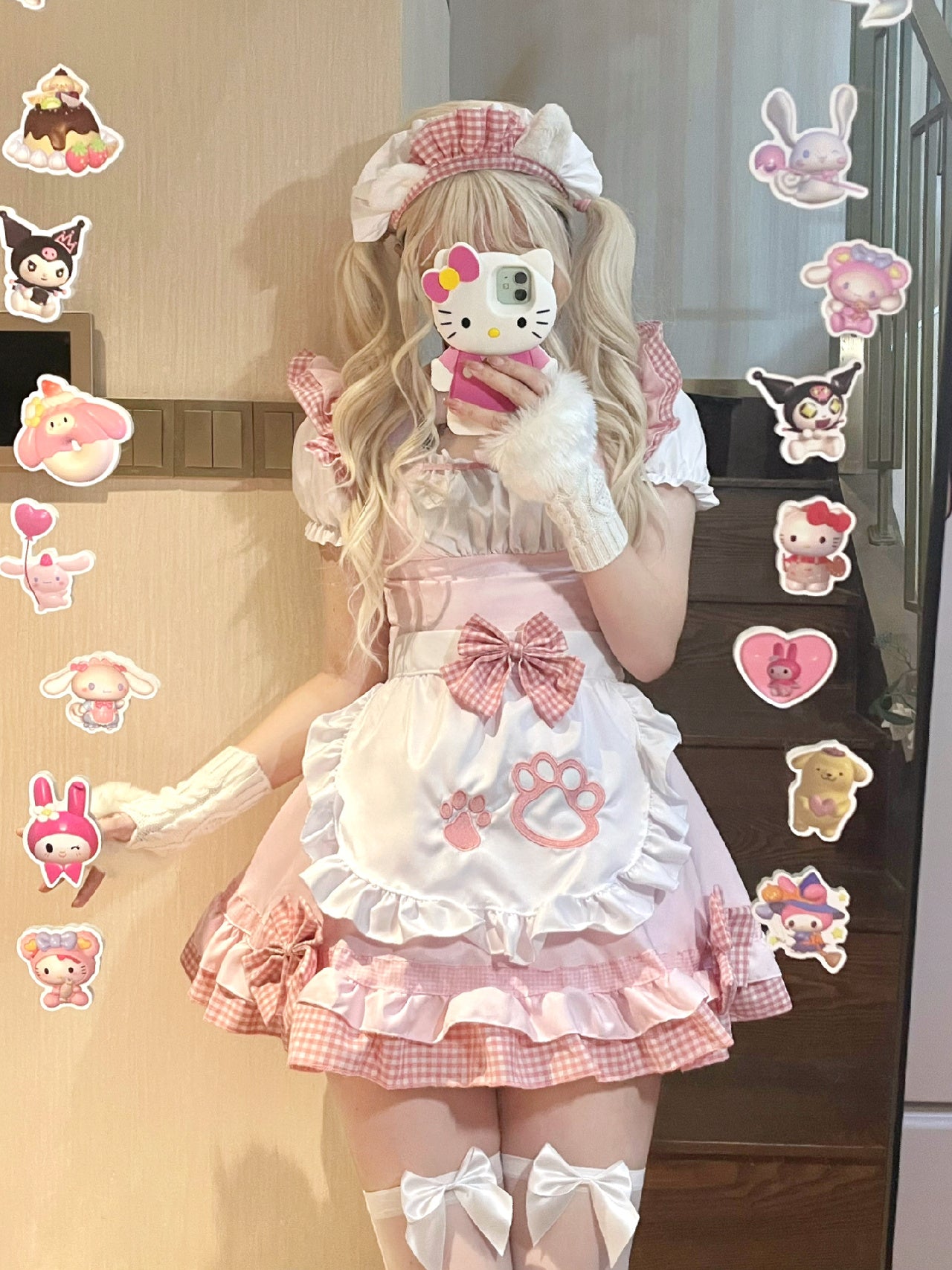 pink maid dress with cat ears Women Sexy Vintage Sweet Girl Pink Lolita Dress Kawaii Cute Maid Uniform Outfit