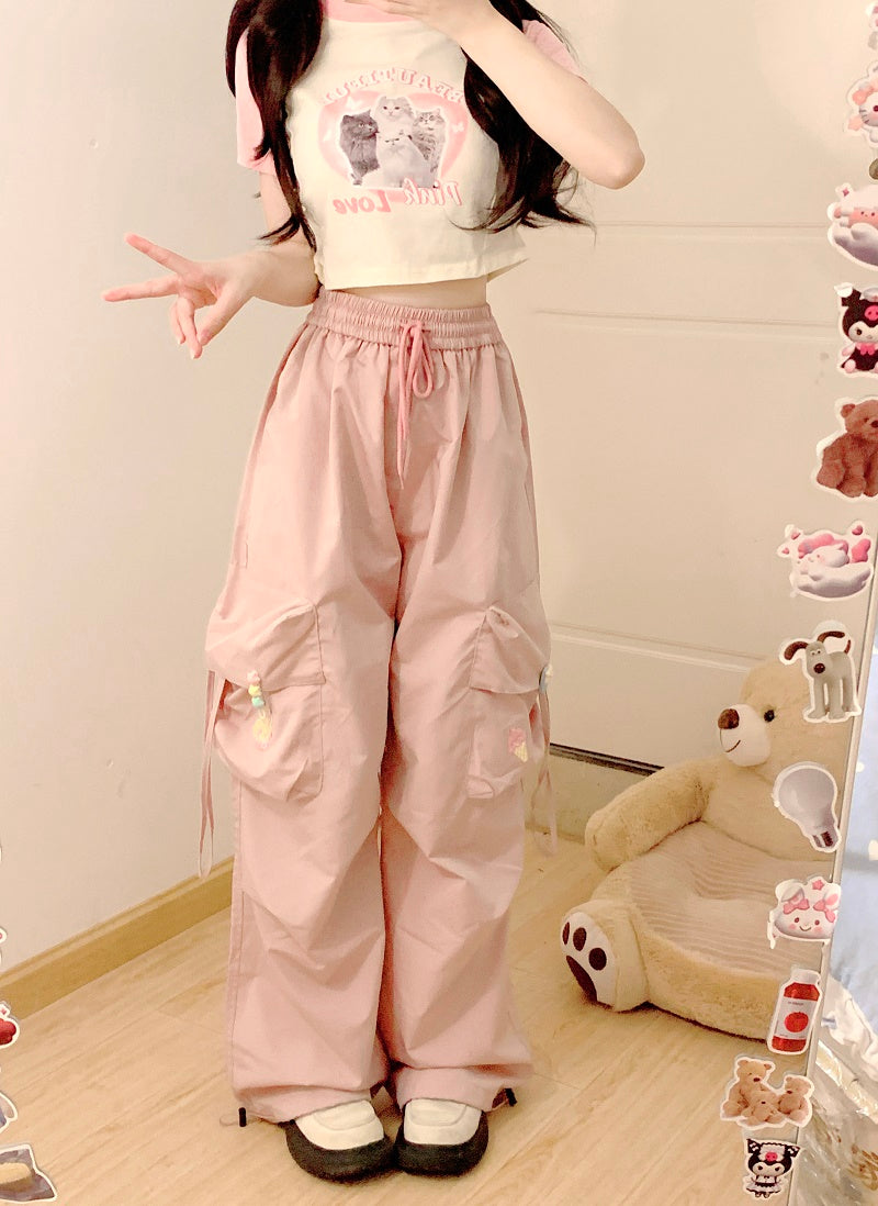 Summer Cat Raglan T Shirt & Pink Gathered Pants Two Piece Set - Sugarplum Store