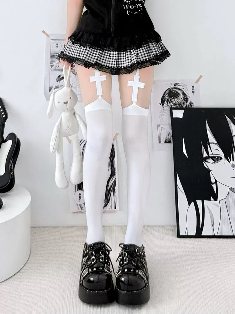 Gothic Cross Black & White Garter Over the Knee Stockings - Sugarplum Store