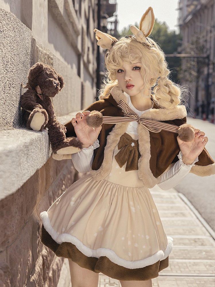 Universal Lolita Winter Deer Velvet Brown Cute Hooded Cape Cloak Strap – Sugarplum Store