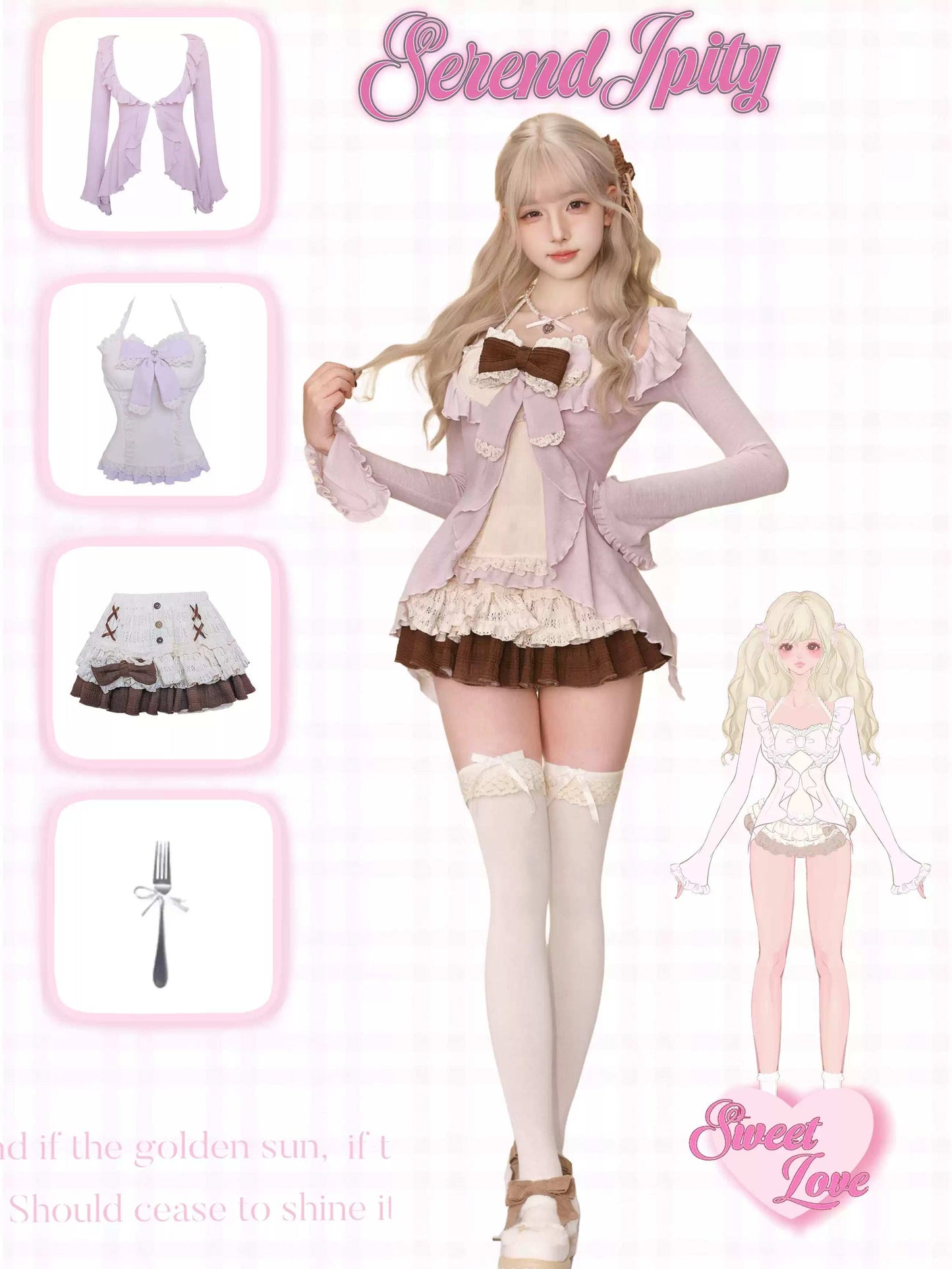 Serendipity Dessert Series Taro Chocolate Cami & Purple Cardigan & Skirt Three Piece Set