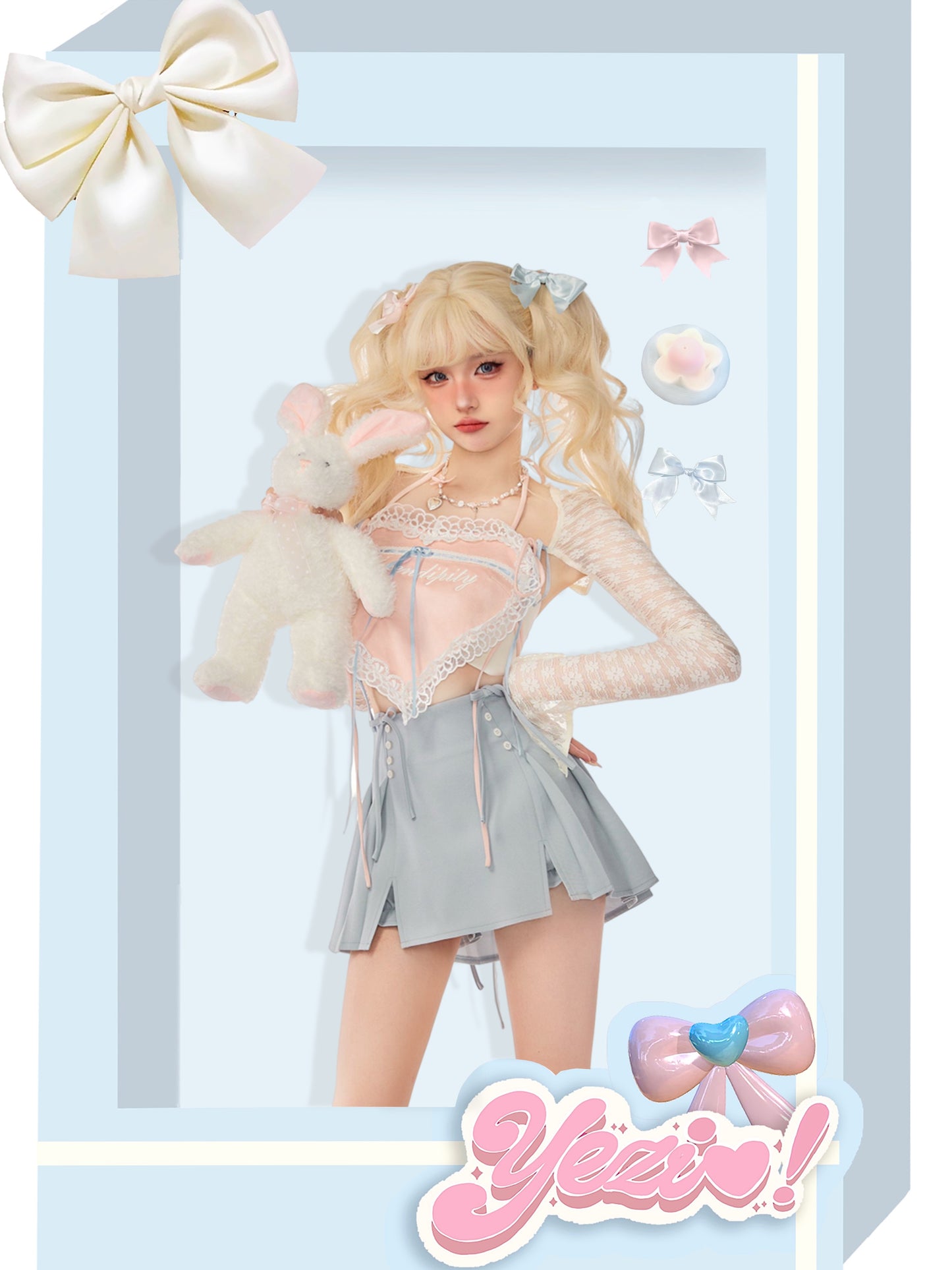 Serendipity Coquette Sheer Cardigan & Pink Heart Camisole & Blue Ribbon Mini Skirt Three Piece Set - Sugarplum Store