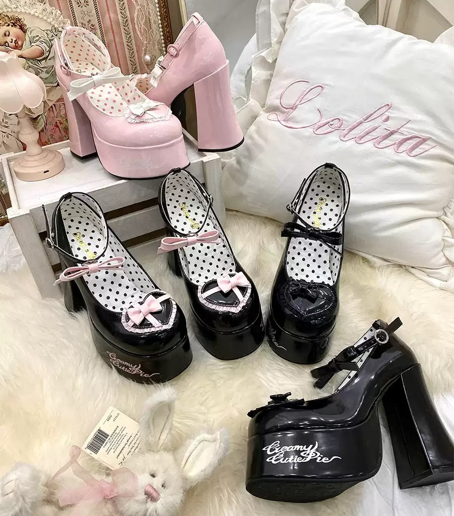 Puffy Sheep Sweet Box Platform Pink Black High Heels Shoes - Sugarplum Store
