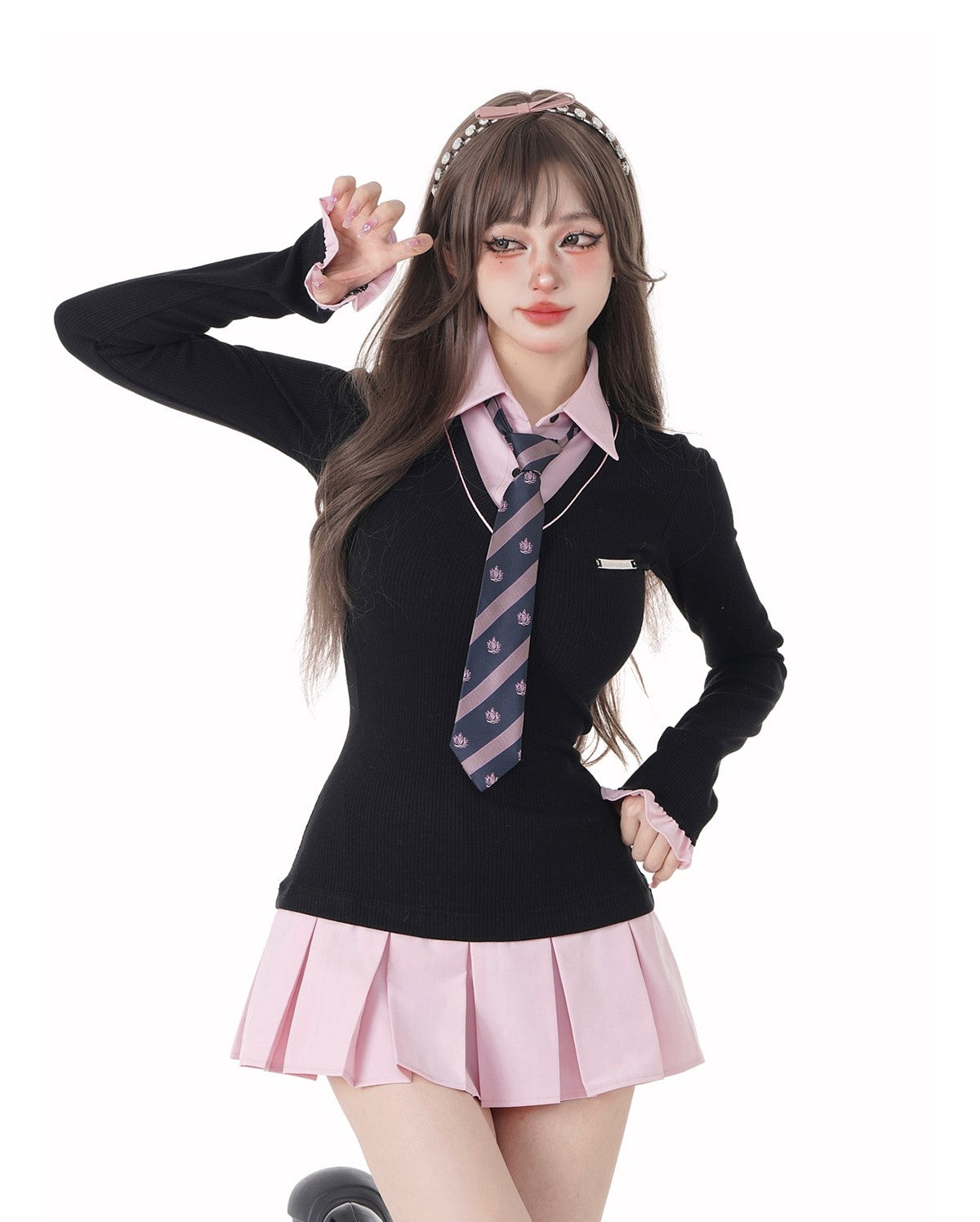 Young Eyes Academia High School Girl Black Pink Polo Collar Dress - Sugarplum Store
