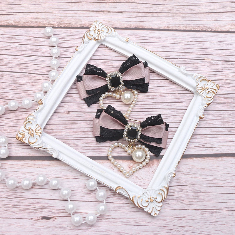 Jirai Kei Pearl Extra Love Bows Heart Hair Clips Hair Accessories - Sugarplum Store