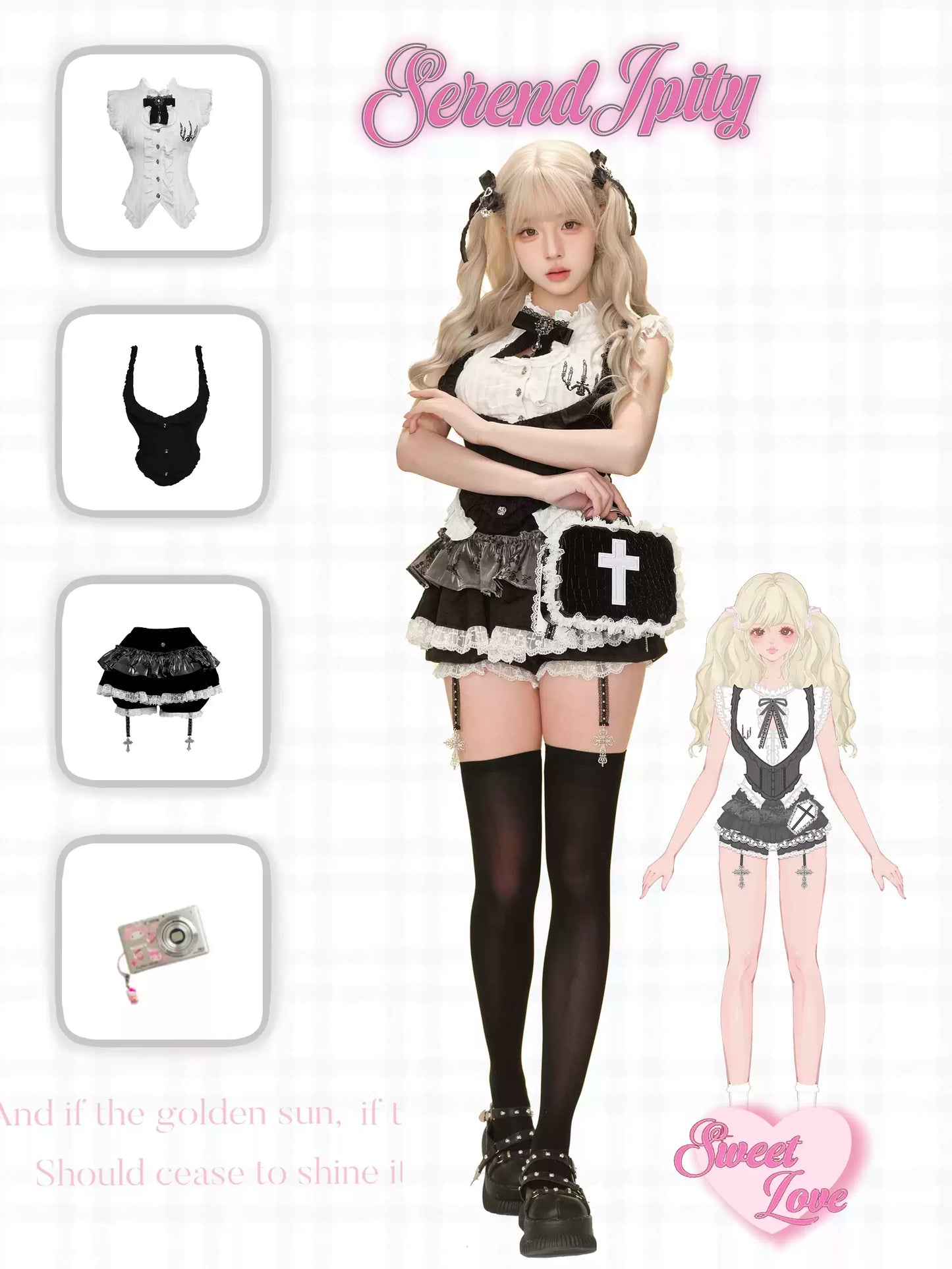 Serendipity Light Gothic Candle Shadow Black White Vest & Shirt & Bloomers Three Piece Set - Sugarplum Store