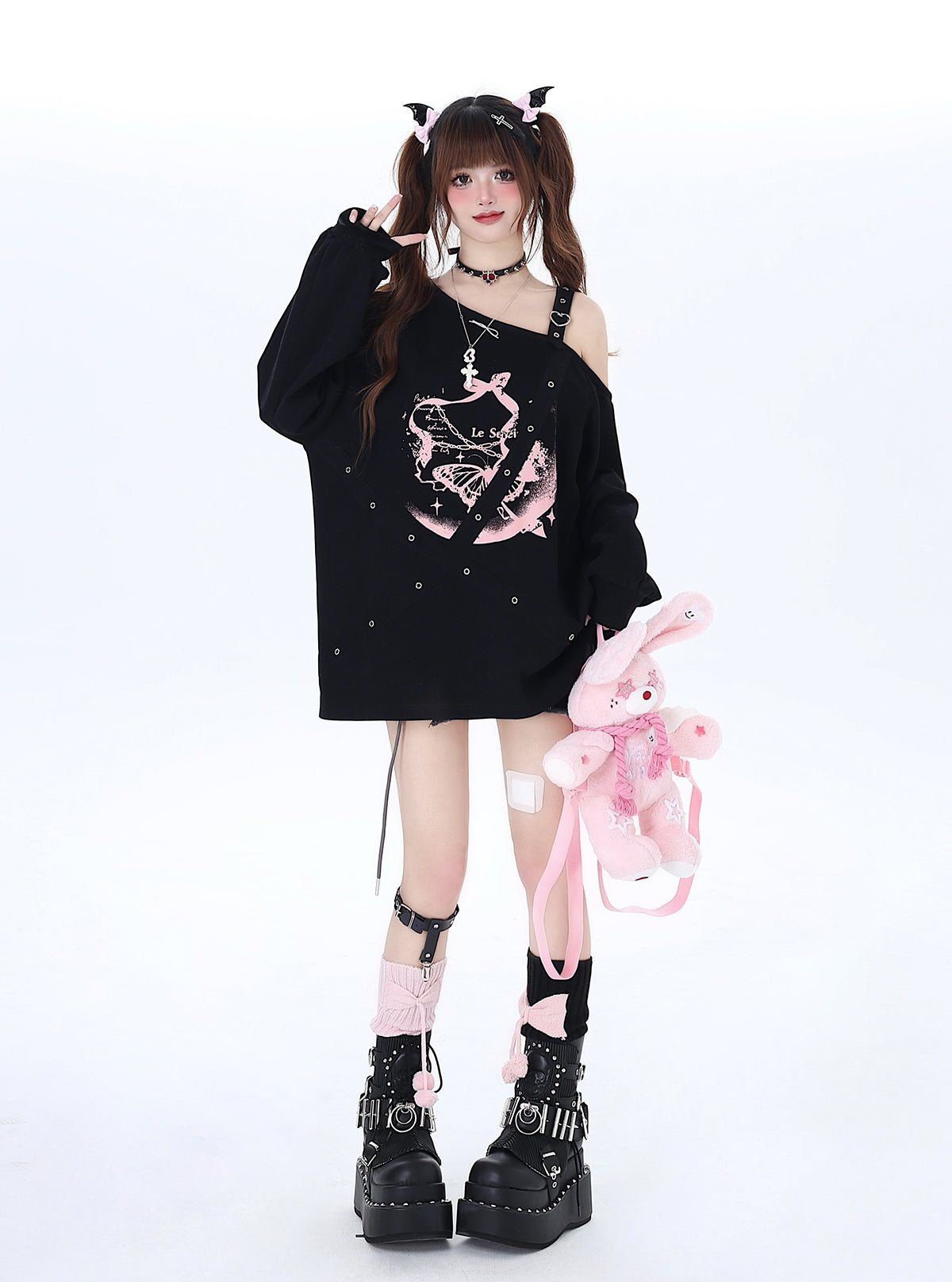 Crazy Girl Butterfly Effect Black Pink Off Shoulder Sweater Top - Sugarplum Store