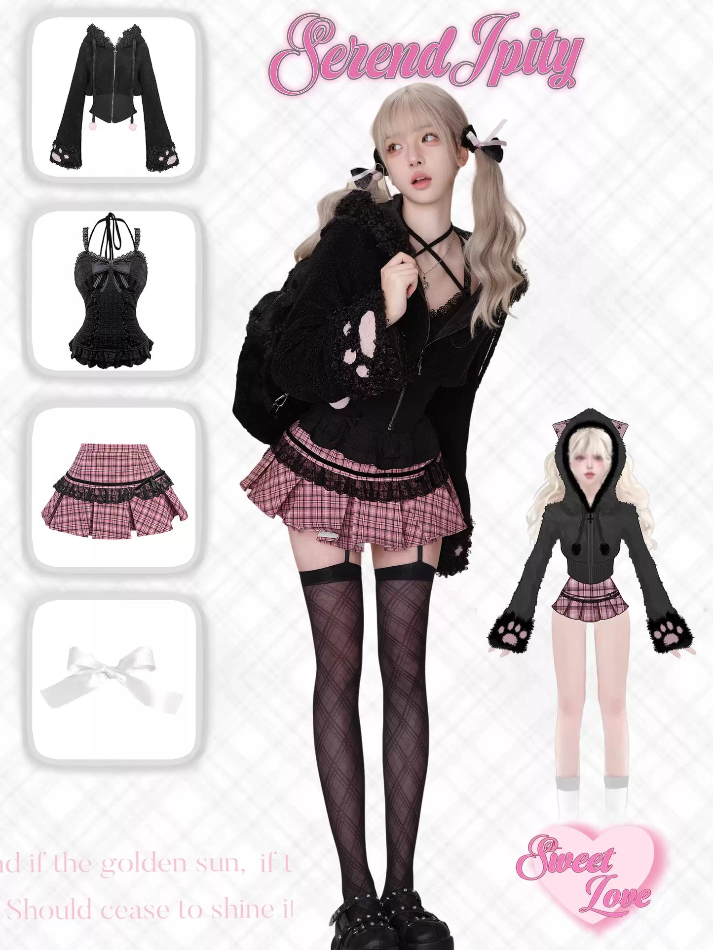Serendipity Comic Rebellious Cat Black Jacket & Cami & Pink Plaid Skirt Three Piece Set - Sugarplum Store