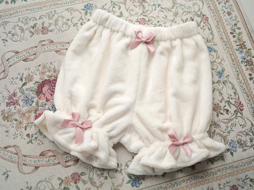 Plus Size Winter Cherry Rabbit Lolita Bow Velvet Plush White Bloomers Shorts - Sugarplum Store