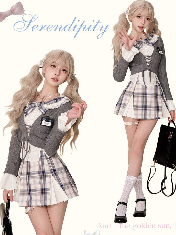 Serendipity Seoul Academia Gray Cardigan & White Skirt & Plaid Skirt Three Piece Set - Sugarplum Store
