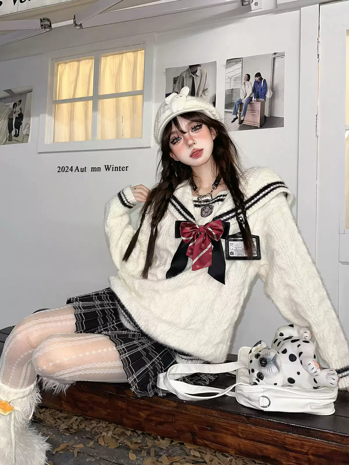 Young Eyes East Meets West Sailor Collar Cream Navy Blue Sweater - Sugarplum Store