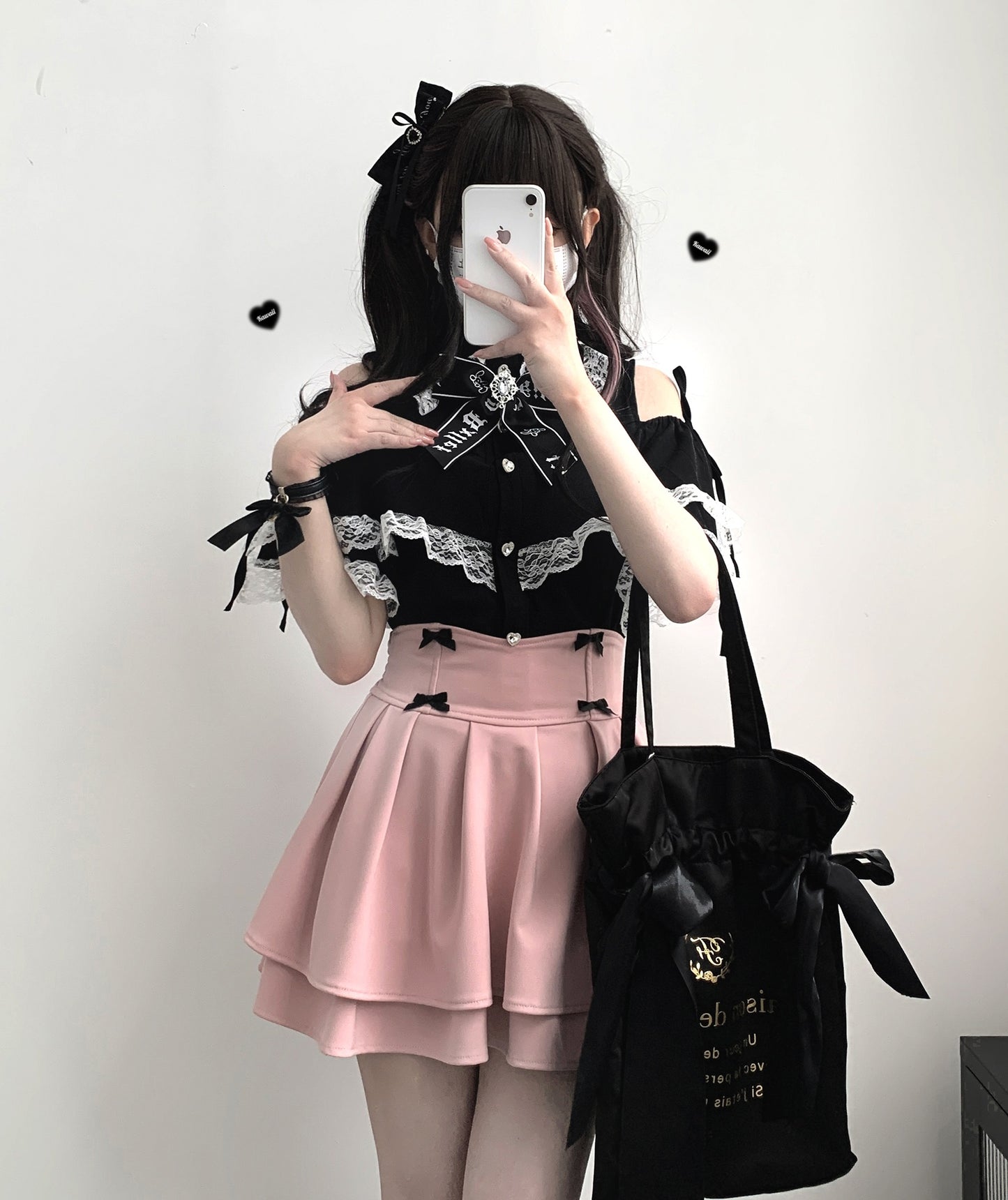 Kitten Bullet Jirai Kei Love Gemstone Ribbon Black White Off Shoulder Shirt Blouse - Sugarplum Store